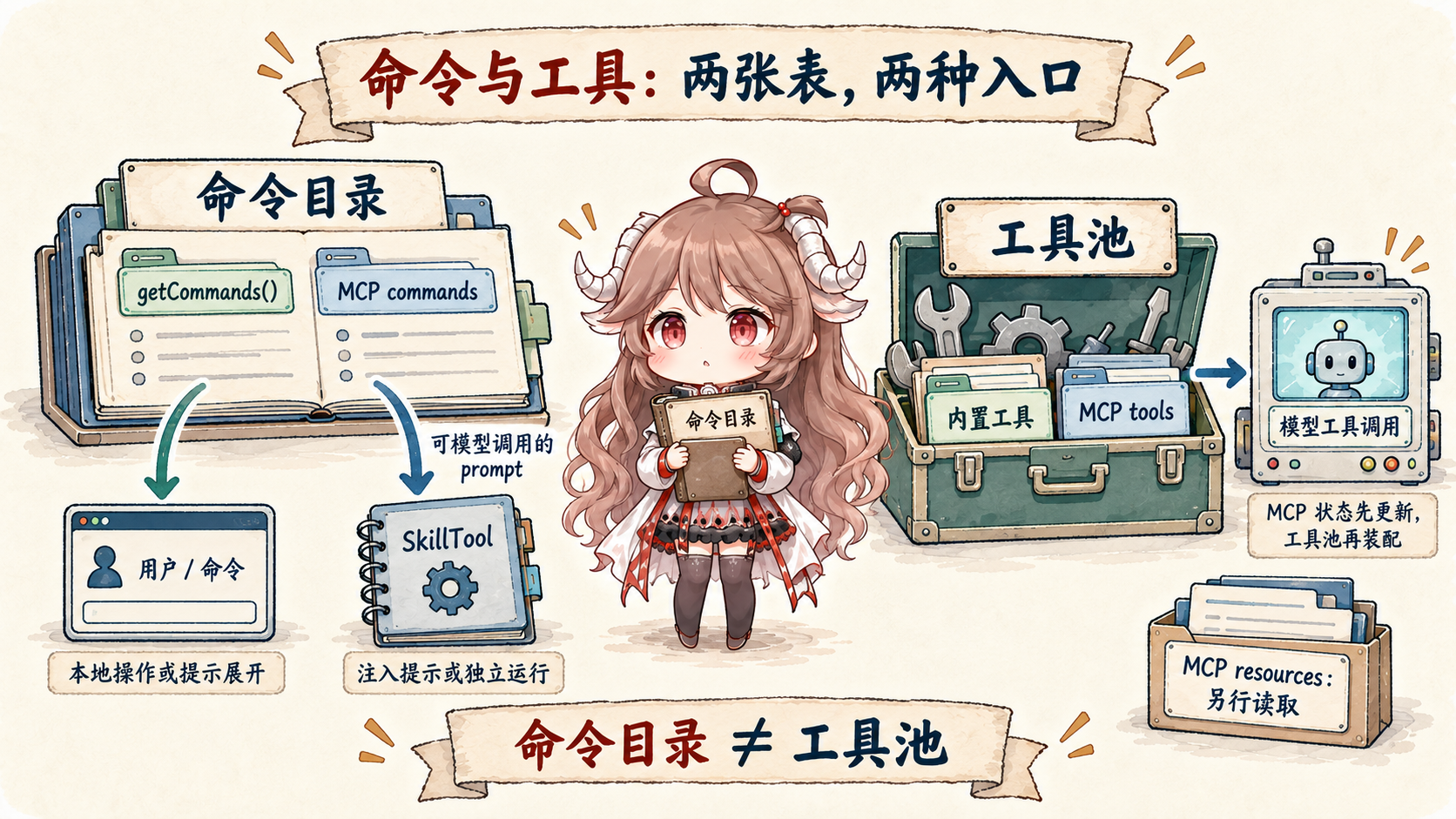 命令目录面向用户命令和符合条件的 SkillTool；内置与 MCP 工具进入工具池，MCP resources 另行读取