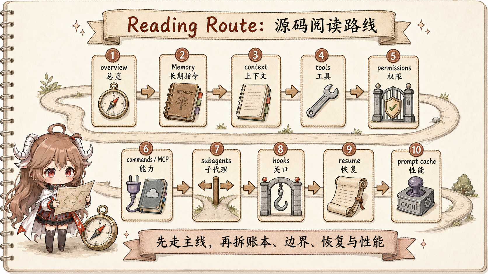 Claude Code 源码阅读路线图，依次展示 overview、Memory、context、tools、permissions、commands/MCP、subagents、hooks、resume 和 prompt cache 十章