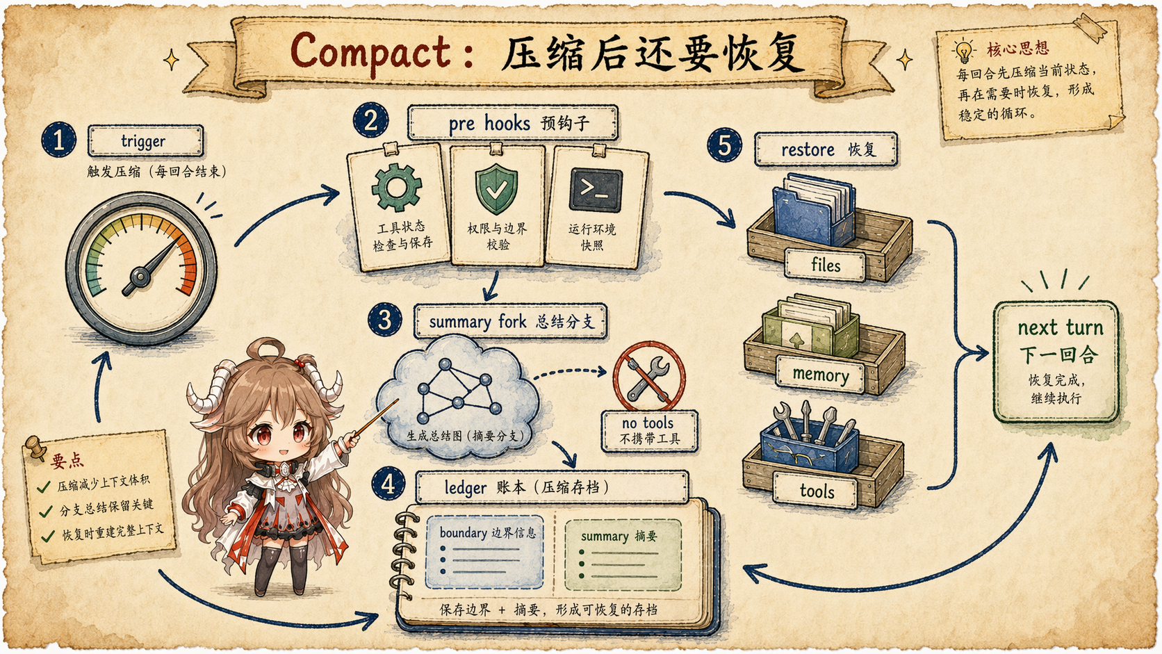 Claude Code compact 生命周期图，展示 trigger、pre hooks、summary fork、boundary、summary、restore 和 next turn