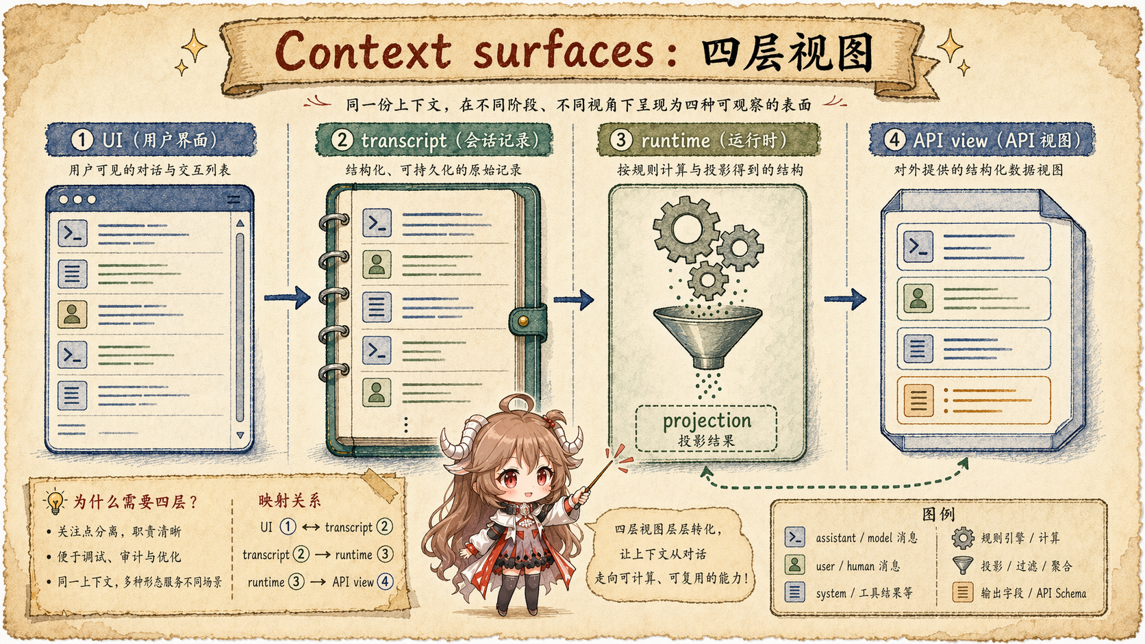 Claude Code 四层上下文表面图，展示 UI、disk、runtime 和 API view 的边界