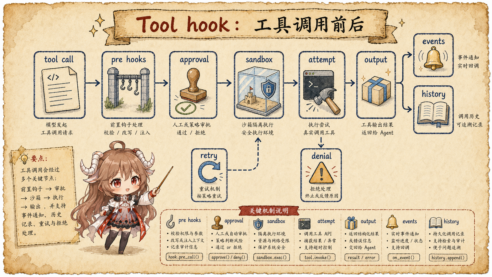 Claude Code 工具调用关口图，展示 tool call 先经过 pre hooks、approval、sandbox、attempt、output，再写入 events 与 history