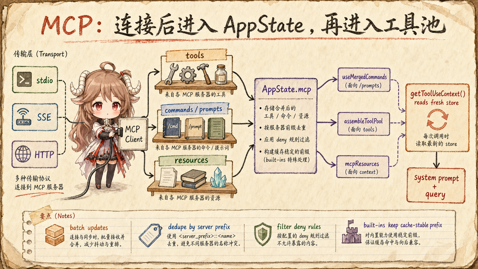 Claude Code MCP 工具池图，展示 stdio SSE HTTP 连接到 MCP Client，拉取 tools、commands prompts、resources，写入 AppState.mcp，再进入 useMergedCommands、assembleToolPool、mcpResources 和 getToolUseContext