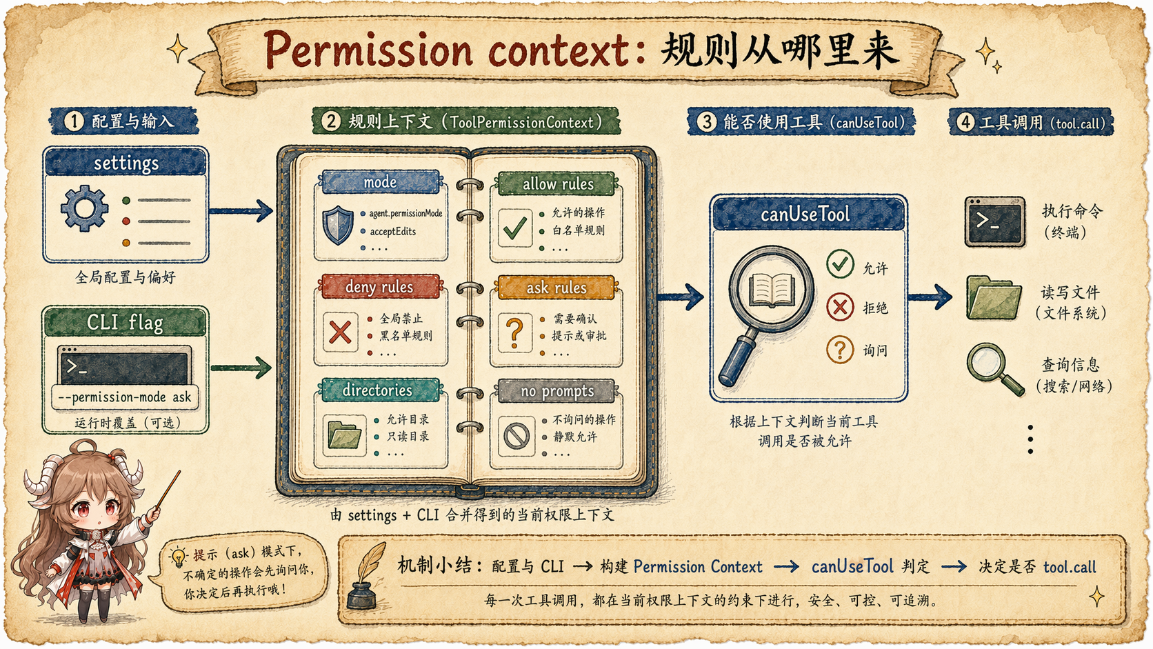 Claude Code ToolPermissionContext 权限账本图，展示 mode、allow rules、deny rules、ask rules、directories 和 no prompts 被 canUseTool 读取