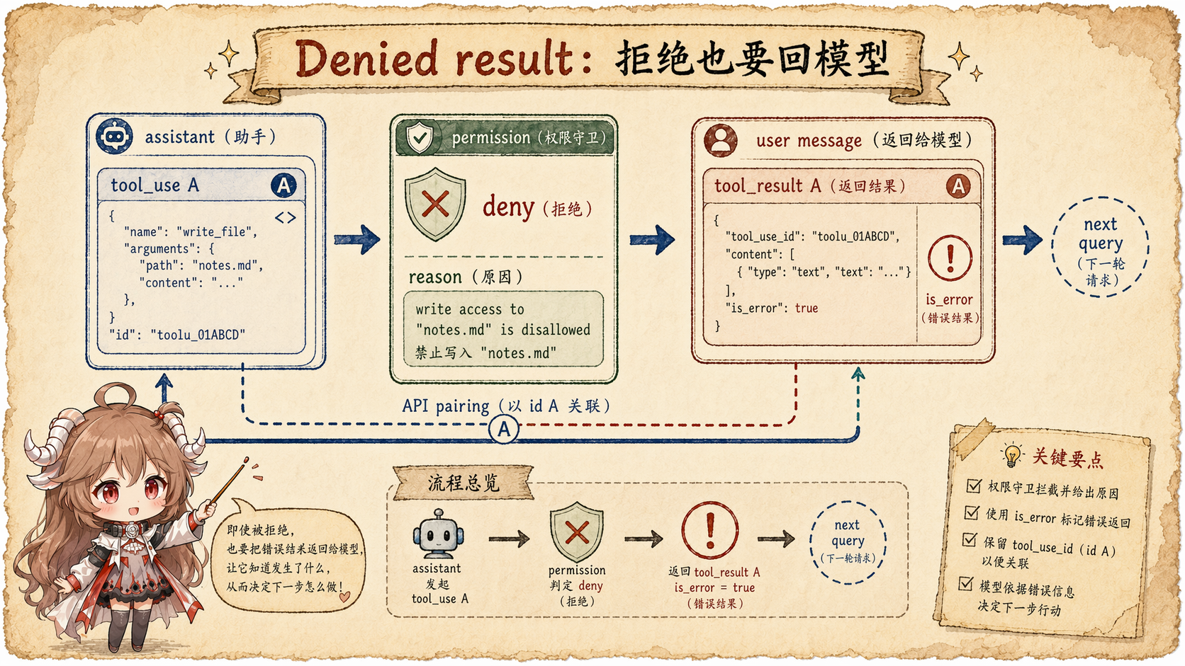 Claude Code 权限拒绝回填图，展示 tool_use A 被 permission deny 后，生成 is_error 的 tool_result A，并进入 next query