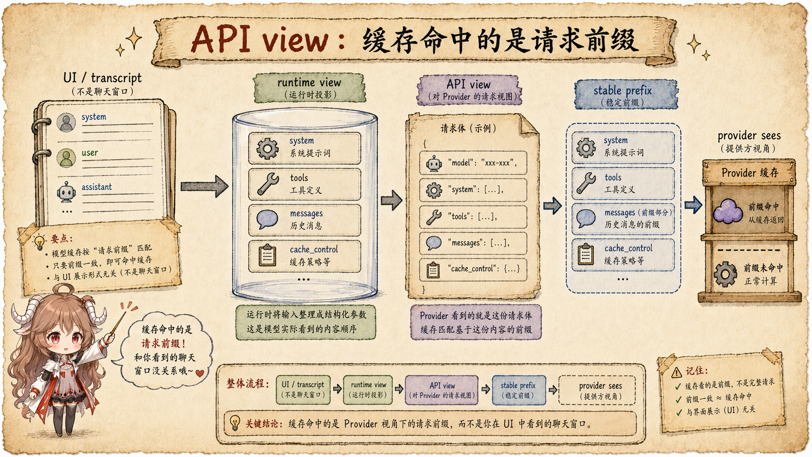 Prompt cache API view 图，展示 UI transcript、runtime view、API view 和 provider 看到的 stable prefix