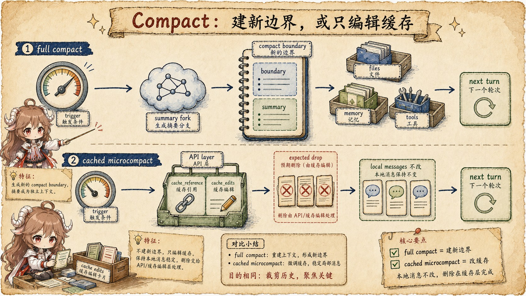 Prompt cache compact 图，展示 full compact 建新边界和 cached microcompact 通过 cache_reference、cache_edits 编辑缓存