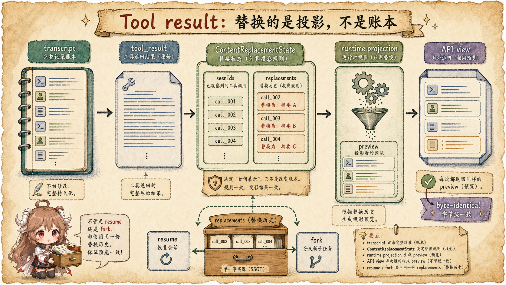 Prompt cache tool result replacement 图，展示 transcript、ContentReplacementState、runtime projection、API view、resume 和 fork