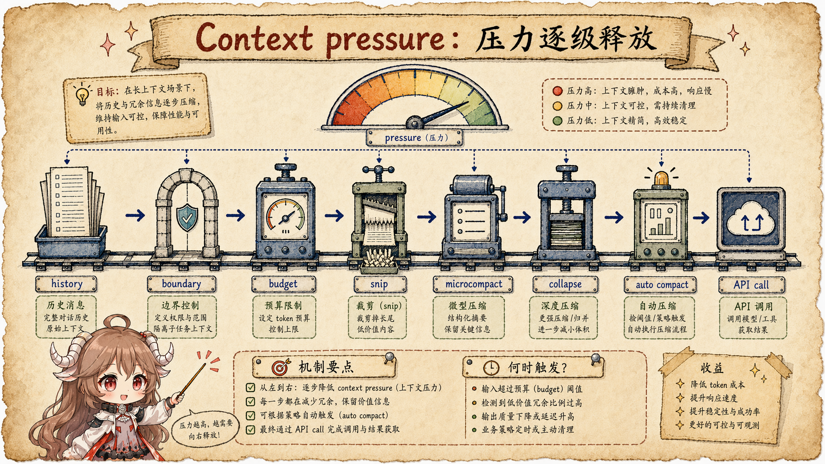 Claude Code query 减压栈图，展示 boundary、budget、snip、microcompact、collapse、auto compact 到 API call 的顺序