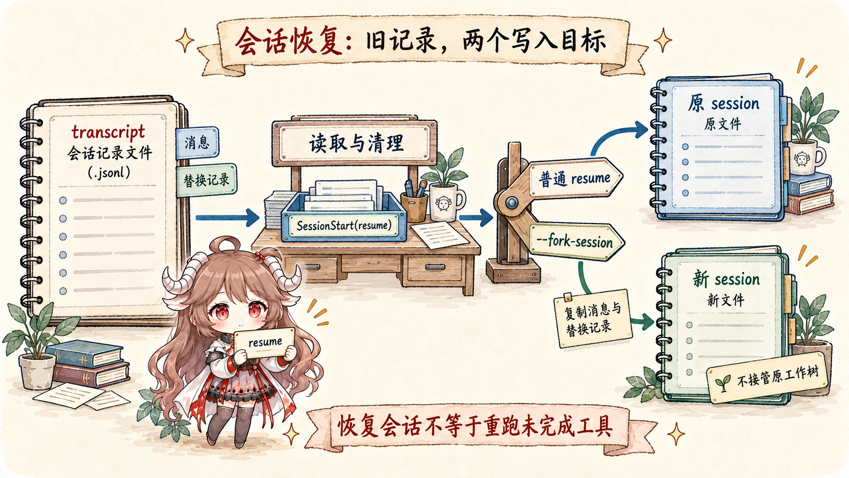 普通 resume 接管原会话文件；fork resume 复制消息与替换记录到新文件，不接管原工作树