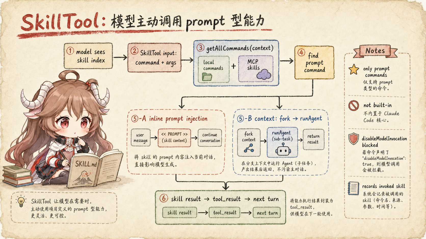 Claude Code SkillTool 模型主动调用技能图，展示 model sees skill index、SkillTool input、getAllCommands 合并 local commands 和 MCP skills、inline prompt injection、fork runAgent 和 tool_result