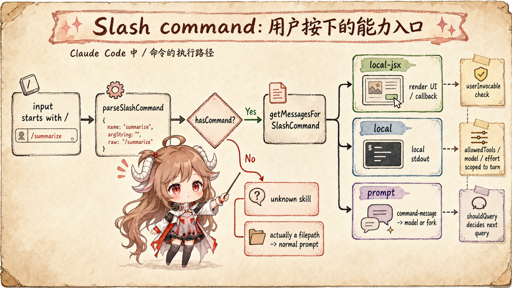 Claude Code slash command 执行路径图，展示 parseSlashCommand、hasCommand、unknown skill、filepath fallback、local-jsx、local、prompt 三种命令类型
