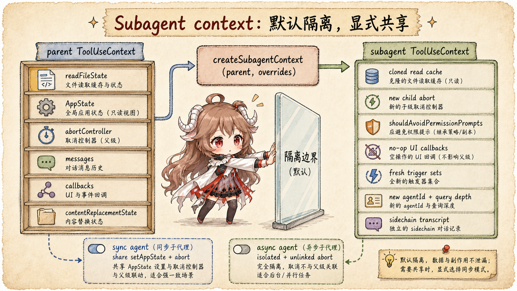 Claude Code createSubagentContext 隔离图，展示 parent ToolUseContext 生成 subagent ToolUseContext，克隆 read cache、新建 child abort、避免权限提示、UI callback no-op、fresh trigger sets、sidechain transcript
