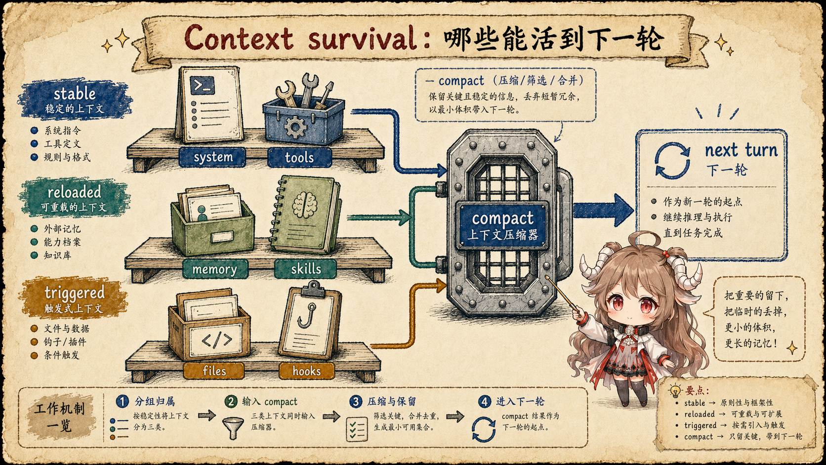 Claude Code compact 后上下文保留策略图，展示 stable、reloaded、triggered 三类上下文来源
