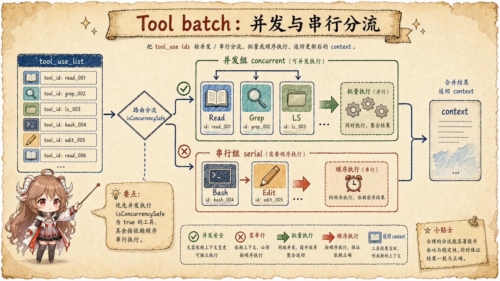 Claude Code runTools 分批图，展示 Read、Grep、LS 并发，Bash 和 Edit 串行，再进入新的 Read 批次