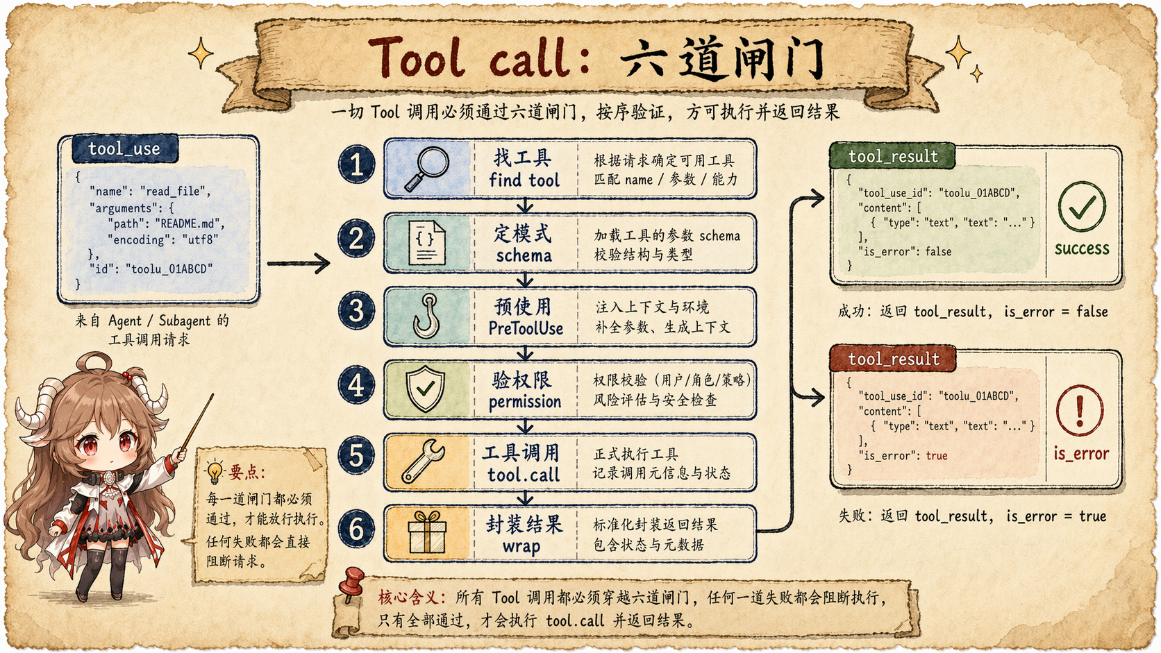 Claude Code 单个工具调用闸门图，展示 find tool、schema、PreToolUse、permission、tool.call、wrap 到 success 或 is_error tool_result