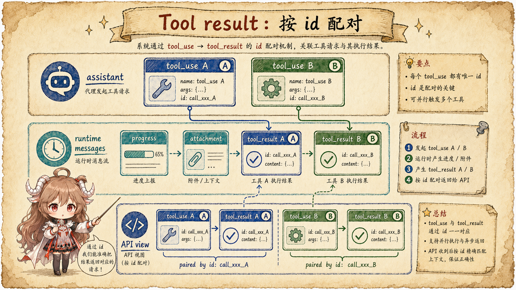 Claude Code tool_result 配对图，展示 assistant 的 tool_use A/B、runtime progress 与 attachment，以及 API view 中 tool_use 和 tool_result 按 id 配对