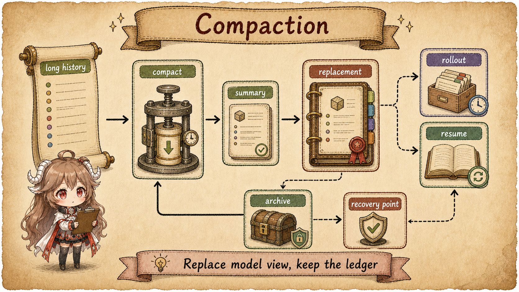 Codex compaction replacement showing old history summarized into replacement history and written to the recovery ledger