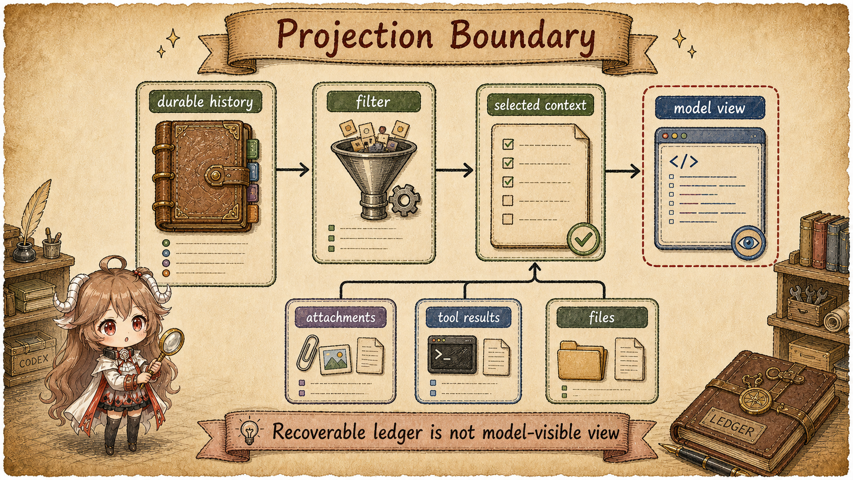 Codex prompt projection showing durable history filtered and normalized into the model-visible request
