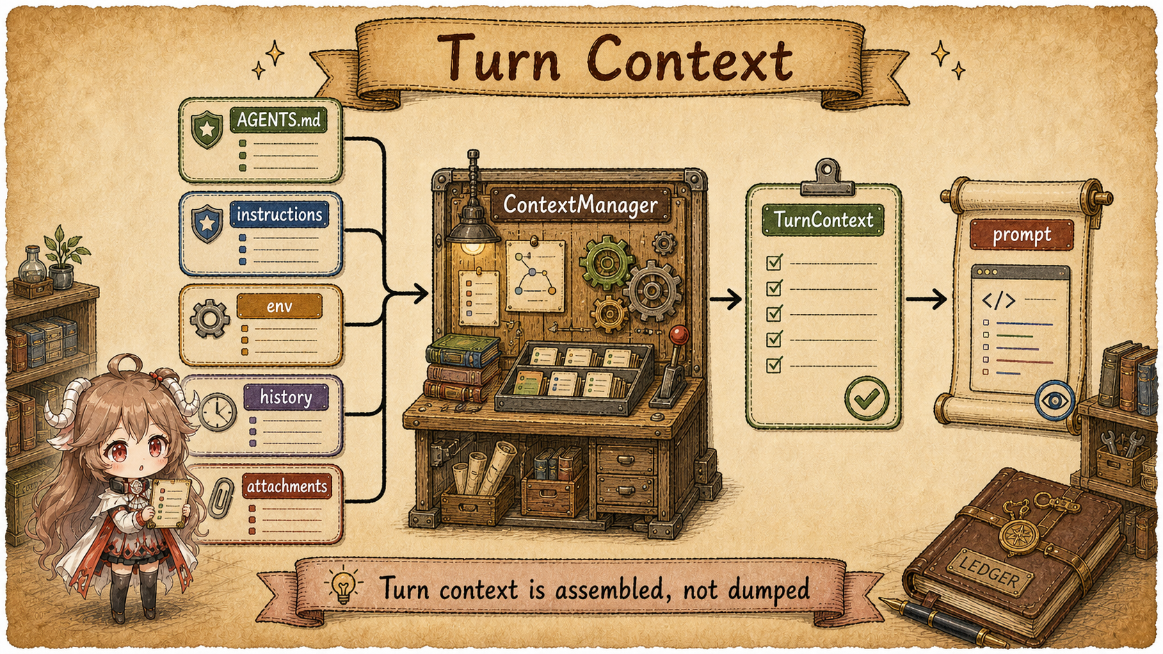 Codex turn pipeline showing one request moving through compaction checks, context updates, input capture, model request, and the follow-up loop
