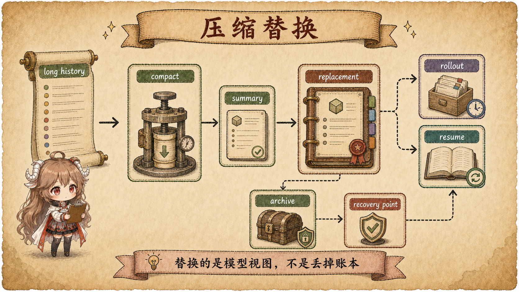 Codex compaction replacement 图，展示旧 history 被摘要任务替换成新 history 并写入恢复账本