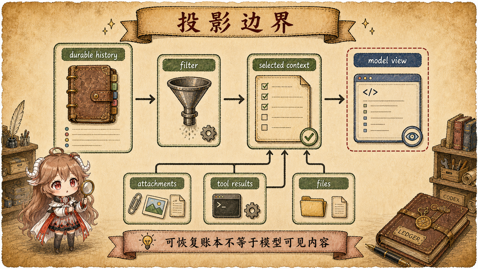 Codex prompt projection 图，展示持久 history 经过过滤和规整后变成模型可见请求