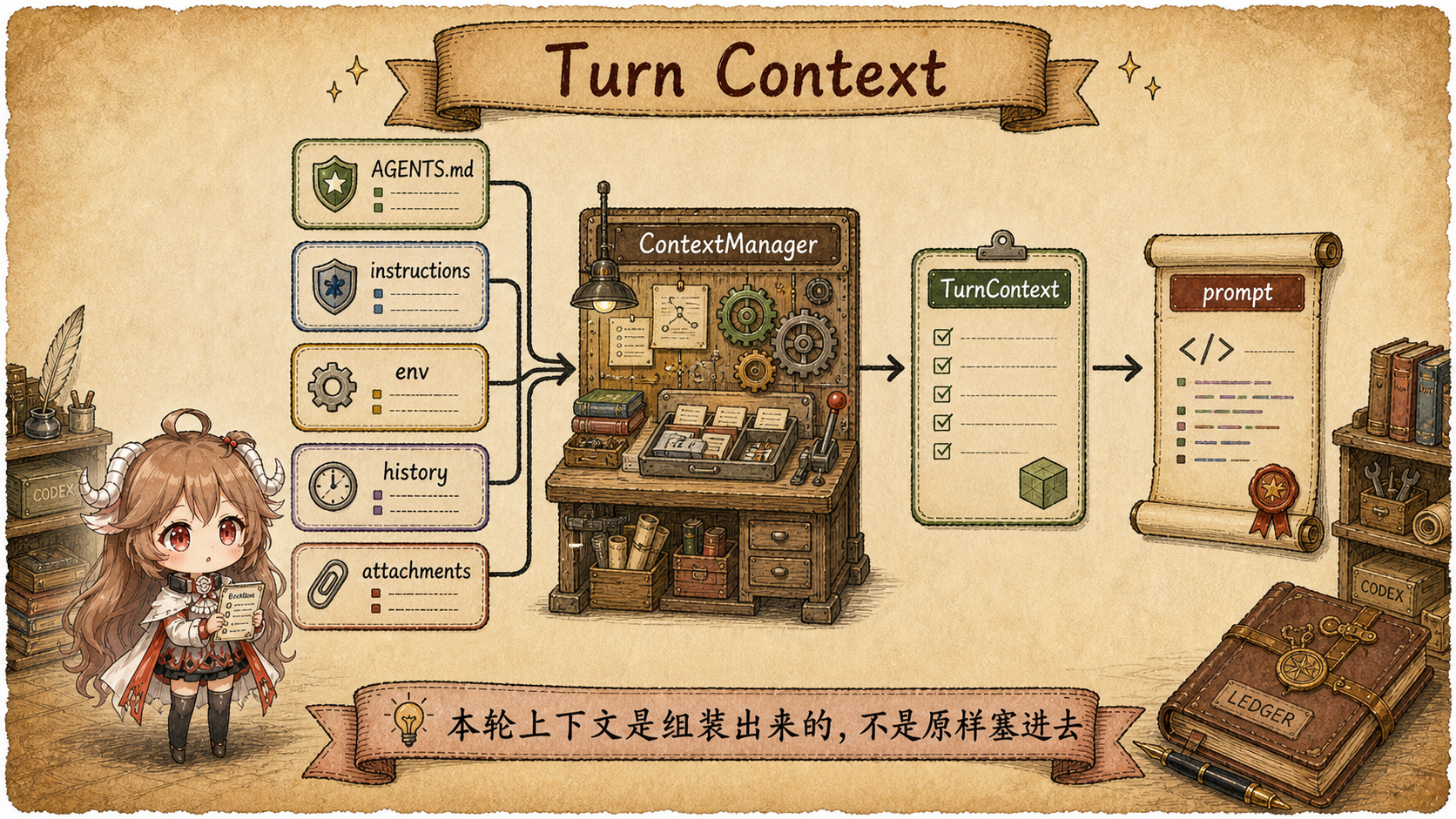Codex turn pipeline 图，展示一轮请求从压缩检查、上下文更新、输入记录到模型请求和后续循环的路径