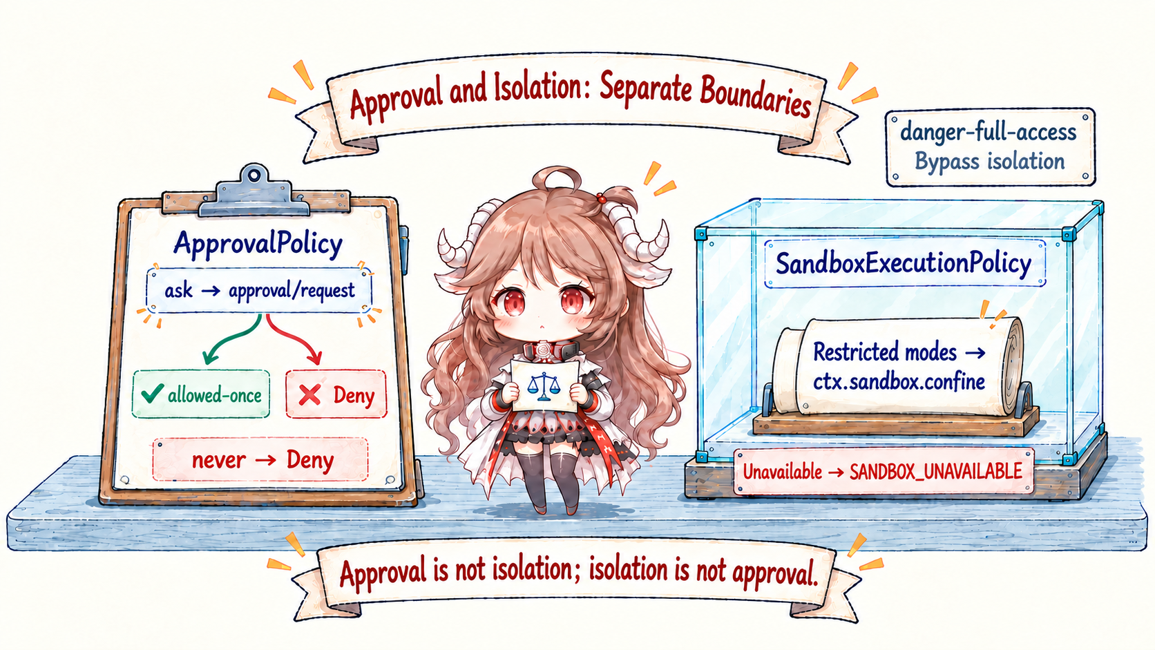 Approval and isolation guard separate boundaries: ask sends approval/request and can reach allowed-once or denial, while never denies directly; restricted modes use ctx.sandbox.confine and return SANDBOX_UNAVAILABLE when unavailable; danger-full-access explicitly bypasses isolation