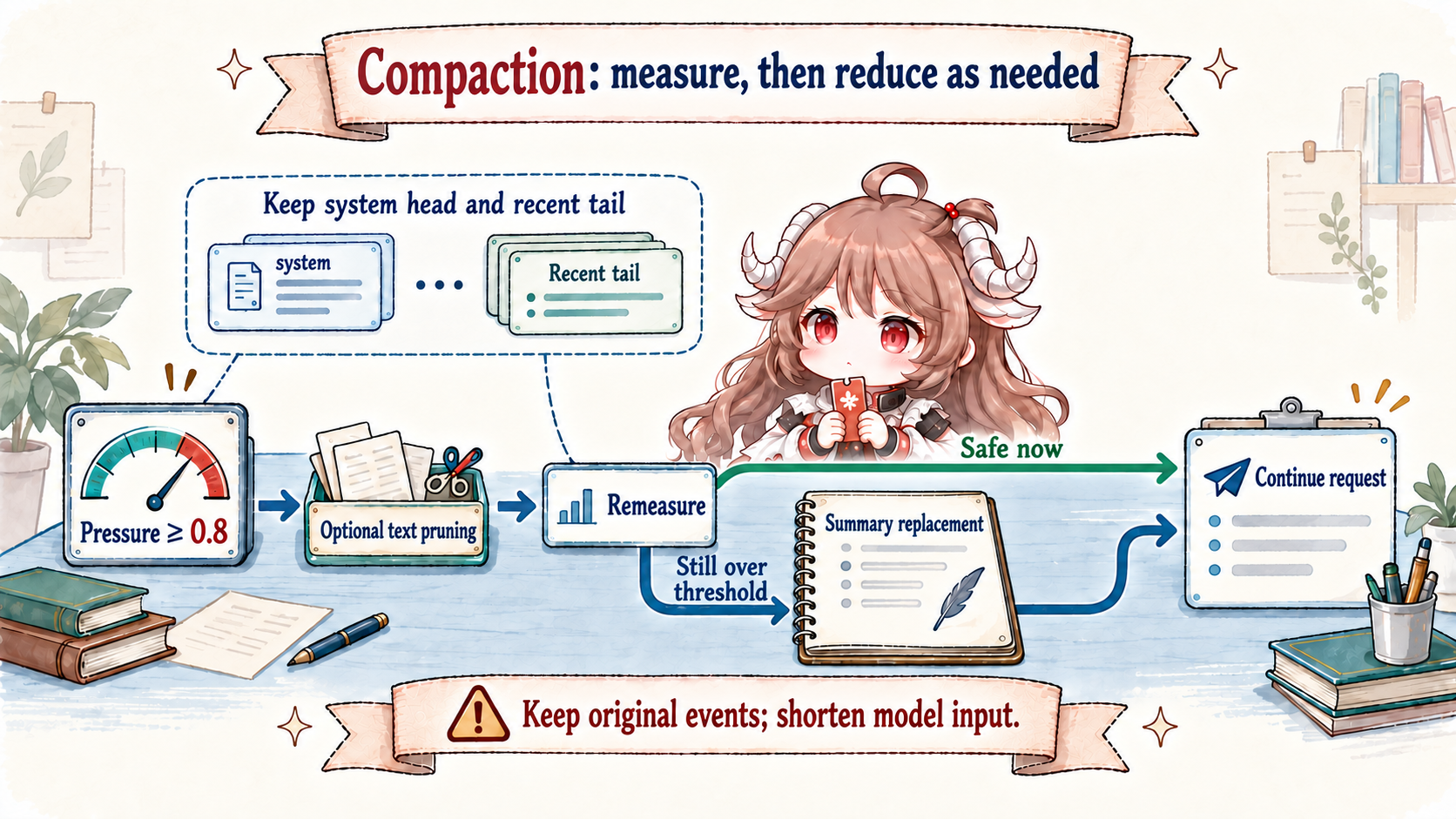 Automatic pressure compaction: threshold qualifies optional text pruning and remeasurement; safe requests bypass summary, otherwise the old balanced span is replaced; system head and recent tail remain, and original events are retained