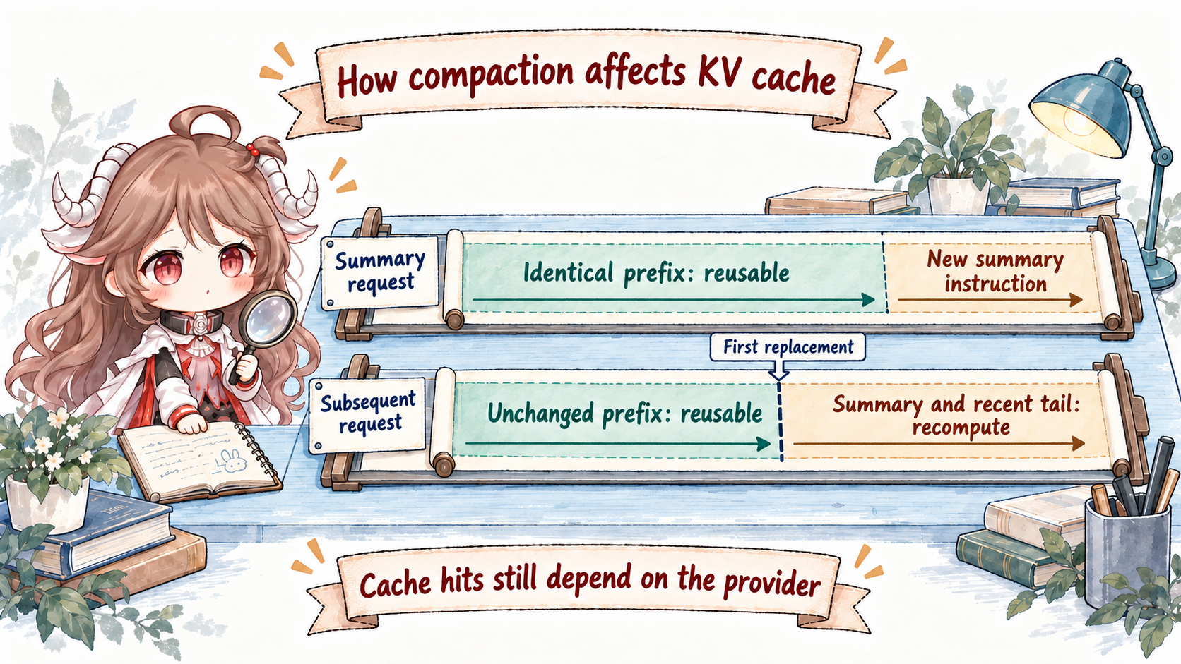 Two KV-cache effects: replaying an identical prefix allows provider cache reuse for the summary request before its new instruction; subsequent requests can reuse the unchanged prefix but must recompute the checkpoint and recent tail from the first replacement; actual hits depend on the provider contract