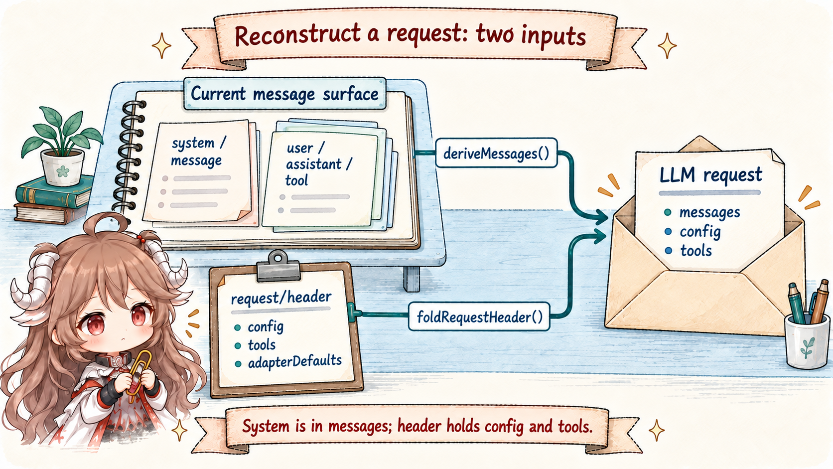 Request reconstruction: deriveMessages produces system, user, assistant, and tool messages from current surface; foldRequestHeader reconstructs config, tools, and adapterDefaults from request/header before request assembly