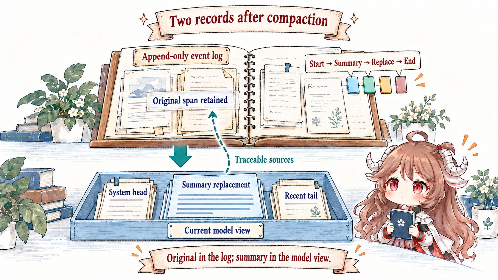 Two ledgers: append-only SessionEvent history retains old user, assistant, and tool events plus compaction start, summary, replacement, and end; current surface shadows the old range, places the high-seq replacement at the old position, and keeps the recent tail