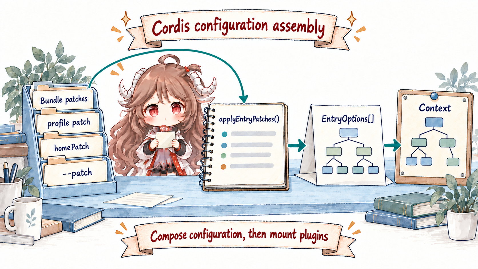 DeepSeek Harness Cordis composition route: Bundle patches, profile patch, homePatch, and command-line patches pass through applyEntryPatches into EntryOptions before mounting the Context tree