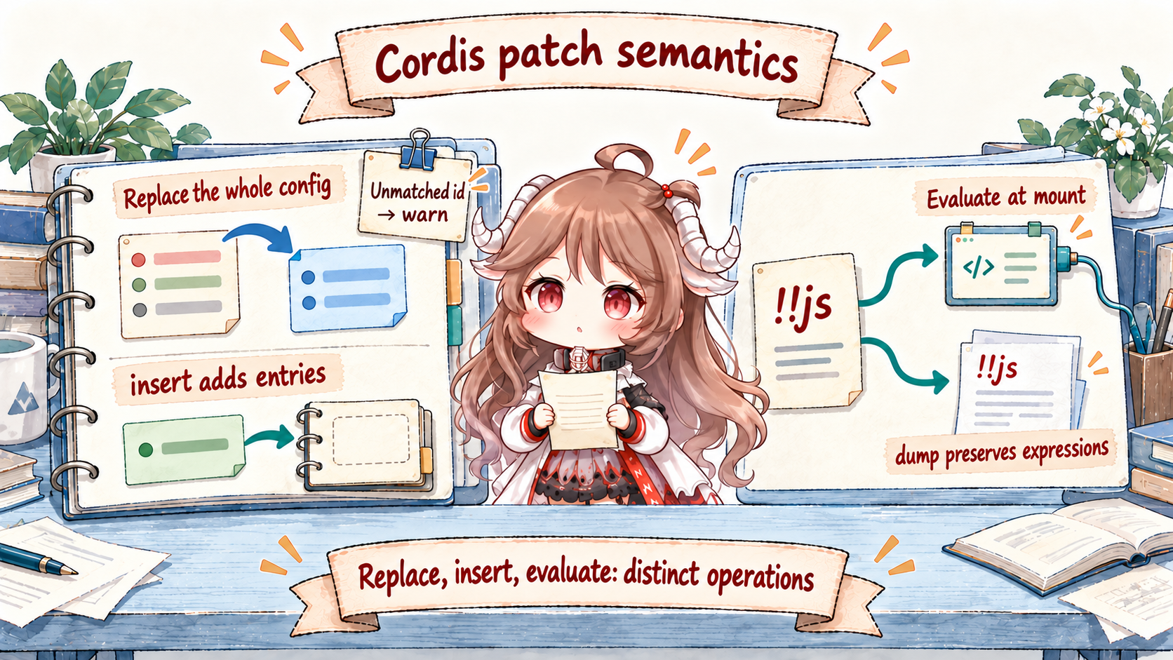 Cordis patch semantics: id-targeted config replaces the whole configuration, insert adds an entry, double-bang js evaluates at mount, dump config preserves the expression, and unmatched ids emit a warning