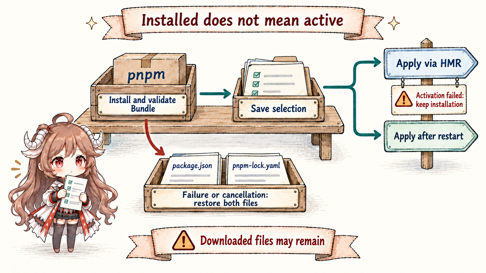 Bundle installation workbench: pnpm and Bundle validation precede selection; installation failure restores manifest and lockfile; successful installation proceeds to HMR or restart, and application failure retains the installed dependency