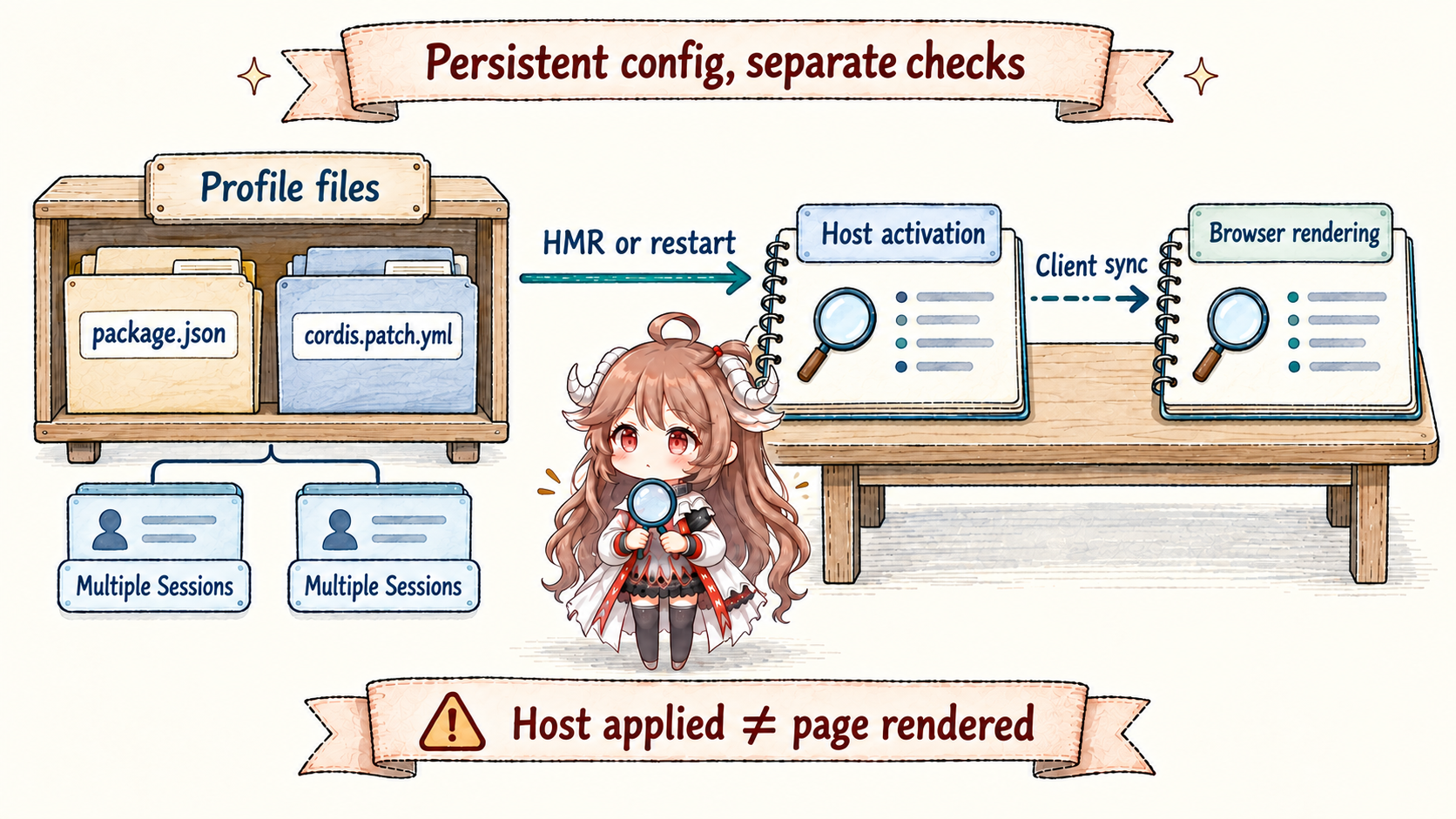 Persistent configuration and separate observations: HMR or restart loads profile files into the Host; management results describe Host activation, while browser synchronization and rendering require a separate check across sessions sharing the profile