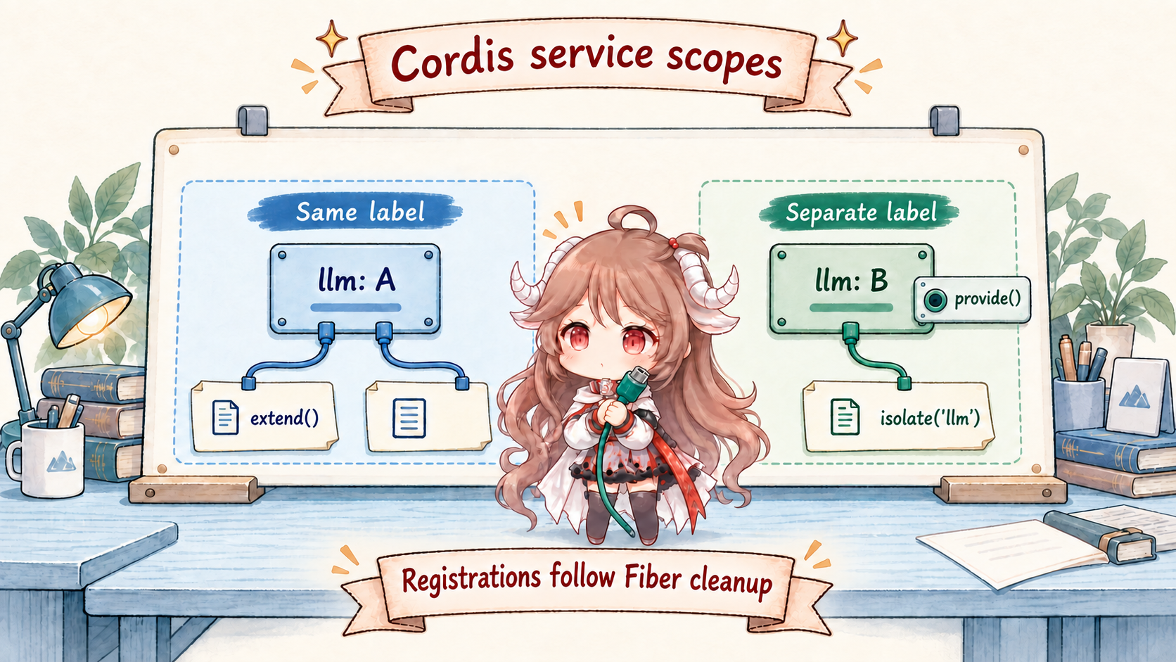 Cordis service scope: extend resolves the same implementation through the same label; isolate assigns llm a separate label, with a separate implementation registered through provide; registrations follow their owning Fiber cleanup