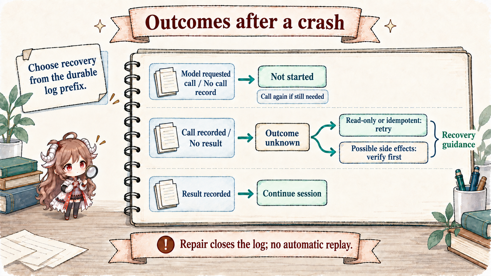 DeepSeek Harness crash outcome matrix: an assistant call without durable tool call becomes TOOL_NOT_STARTED and may be retried; a durable tool call without result becomes TOOL_OUTCOME_UNKNOWN; read-only or idempotent operations may be retried, otherwise verify external state first; repair never replays tools automatically; a durable result resumes normally