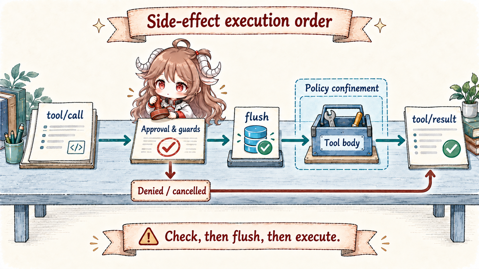DeepSeek Harness governed effect route: the model proposes a tool call, Session records the call, pre-execute and guards decide, flush precedes the body, and confined executors constrain execution, and the runtime records a tool result or enters crash repair