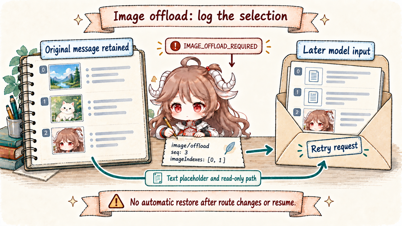 Image offload: an adapter reports IMAGE_OFFLOAD_REQUIRED, image/offload selects old input-image occurrences, later requests replace them with attachment text and available read-only paths, and retry; original message events and surface identities remain