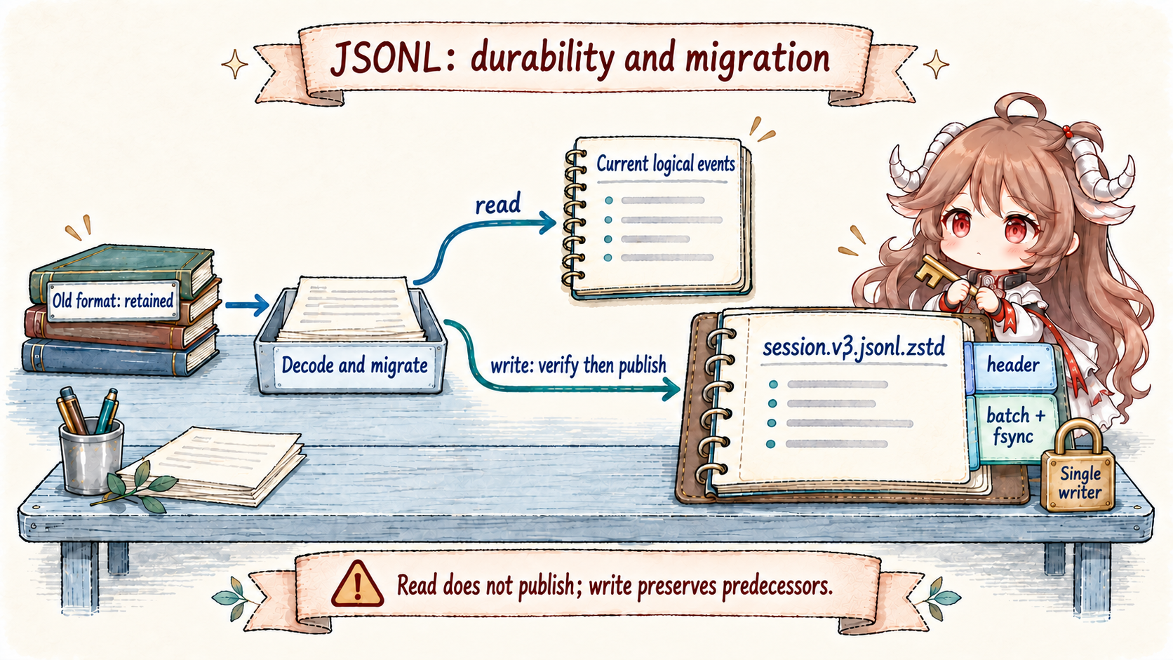 Current v3 JSONL logs: old formats decode and migrate; read returns logical events while write verifies and publishes the current generation; header and batches are independently encoded under one writer