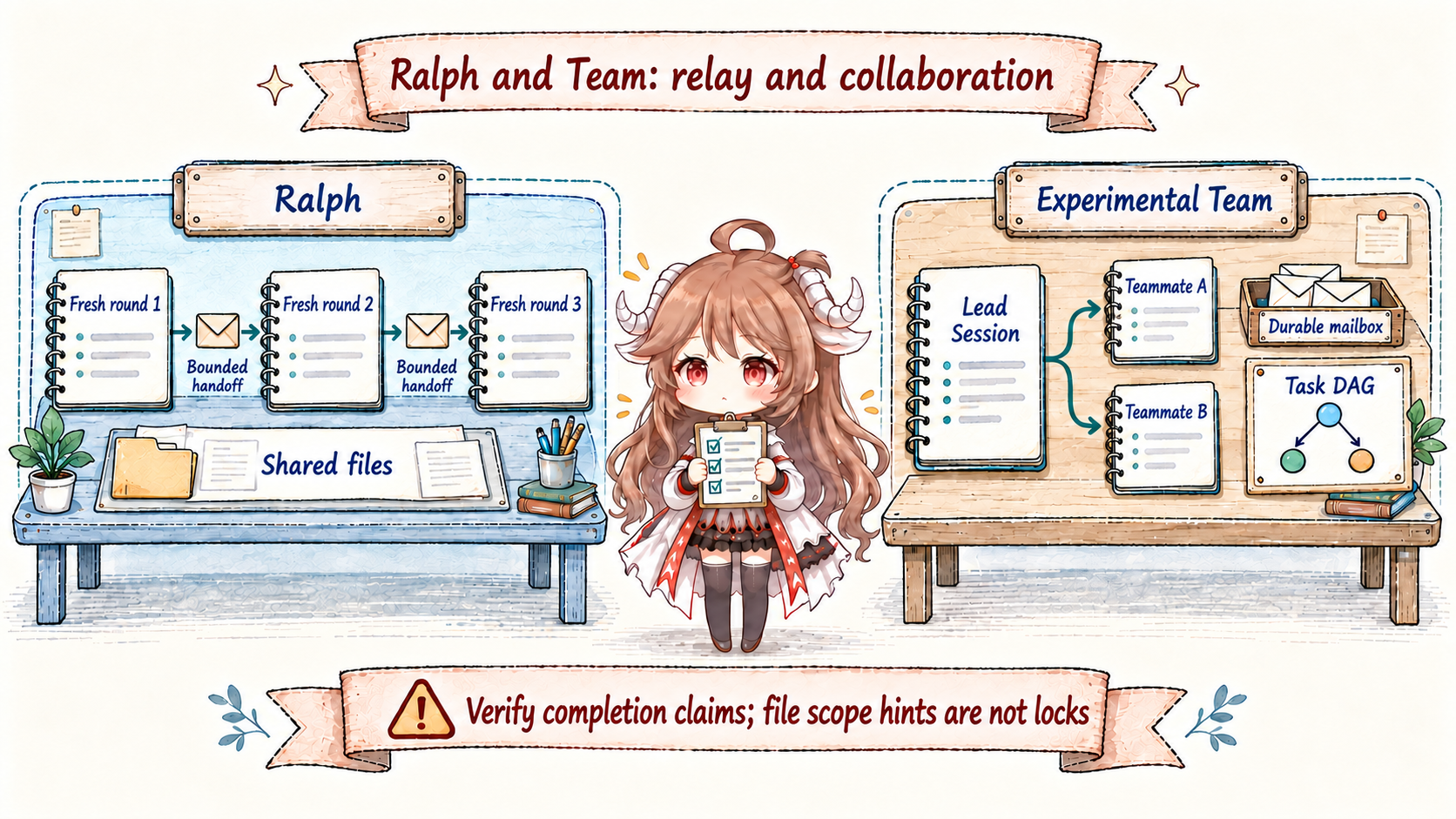 Ralph passes bounded handoffs through fresh child rounds; experimental Team coordinates through Lead Session, durable mailbox, and task DAG; self-reports need verification and file scope hints are not locks