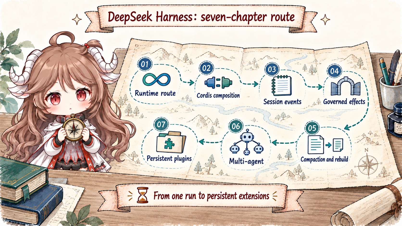 Seven-layer DeepSeek Harness source route through ReactLoopAgent, Cordis, SessionEvent, governed tools, compaction, SubagentRuntime, and Inspect and Plugin Manager