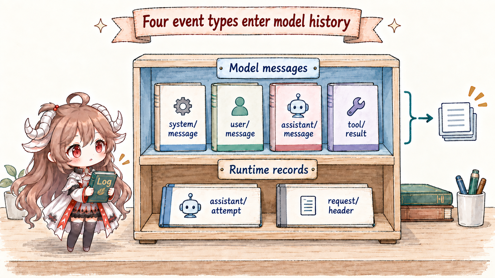 Four model-message events: system/message, user/message, assistant/message, and tool/result; assistant/attempt and request/header retain runtime facts only