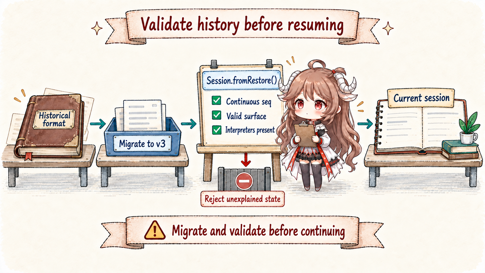 Historical formats migrate to v3 before Session.fromRestore validates continuous seqs, legal surface transitions, and required interpreters; unexplained state refuses continuation