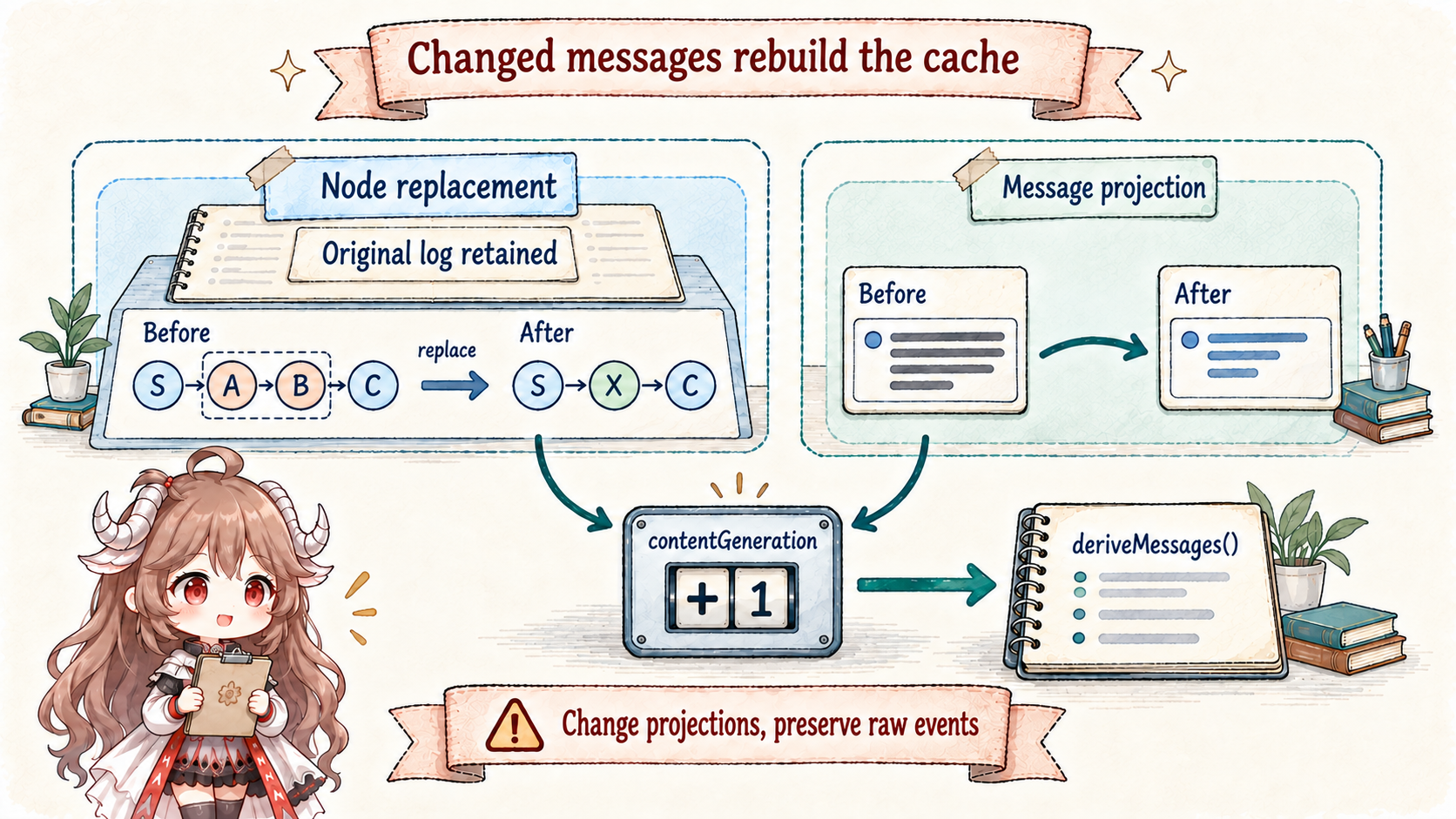 Node replacement and plugin message projection independently increment contentGeneration and rebuild deriveMessages; both preserve raw events, while message projection retains node membership