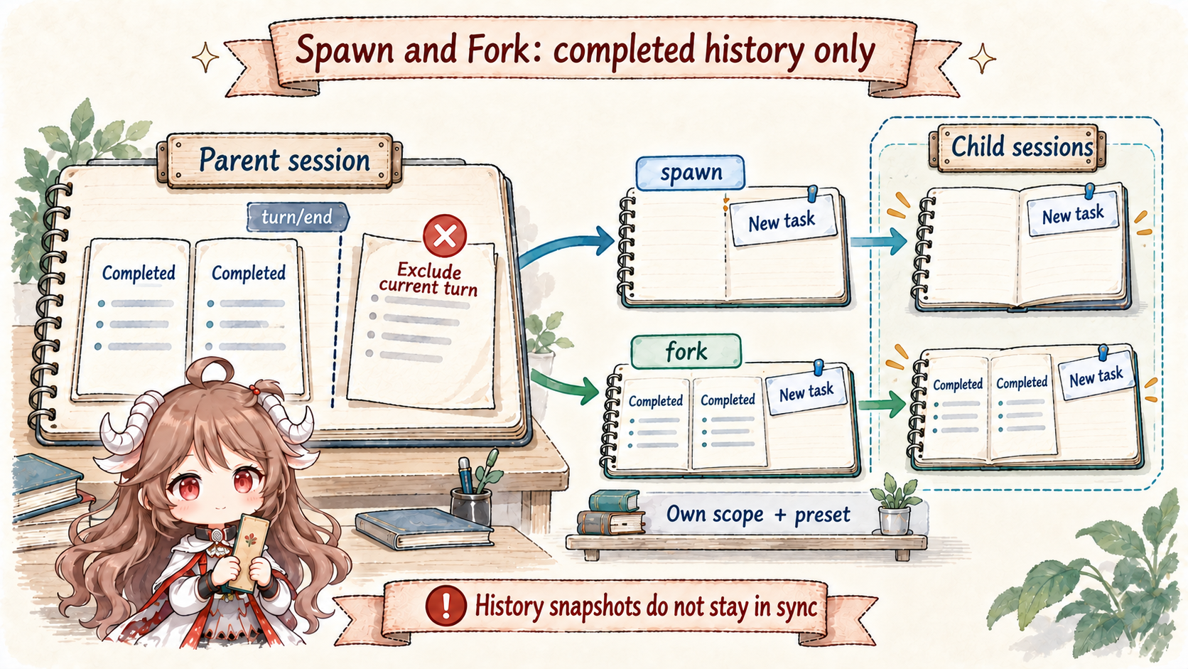 Spawn starts with empty history; fork copies completed turns through turn/end and excludes the current turn; each child has its own scope and preset composition