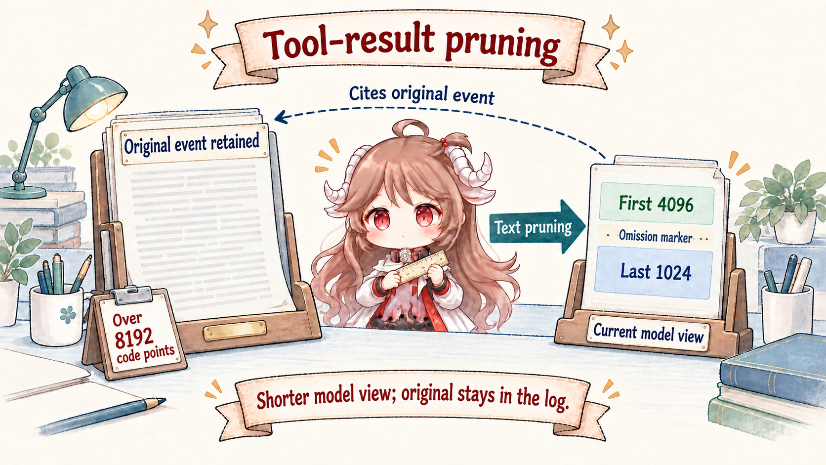 Tool-result pruning: ctx.toolResultPruner turns a complete result into head, fixed omission marker, and tail on current surface, citing originalSeq through surfaceOp replace and sourceEventSeqs while the append-only log retains the complete original event