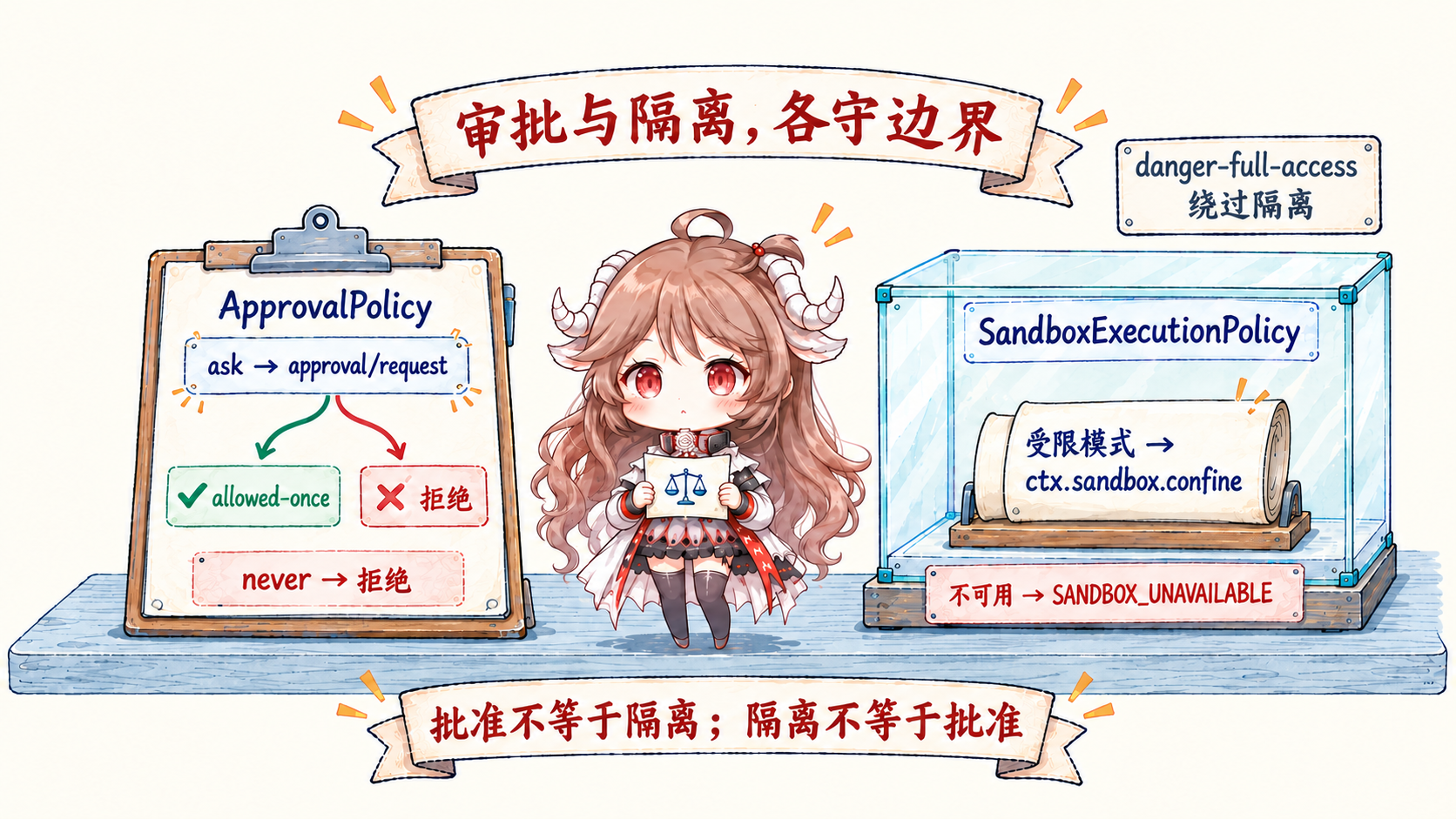 审批与隔离各守边界:ask 发起 approval/request 后可得到 allowed-once 或拒绝,never 直接拒绝;受限模式通过 ctx.sandbox.confine 隔离,不可用时返回 SANDBOX_UNAVAILABLE;danger-full-access 显式绕过隔离