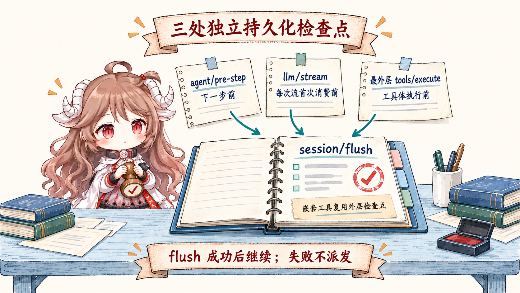 Agent Session 的三处独立持久化检查点:agent/pre-step、每次 llm/stream 首次消费前、最外层 tools/execute,各自调用 session/flush;嵌套工具复用外层检查点,flush 失败不派发下游