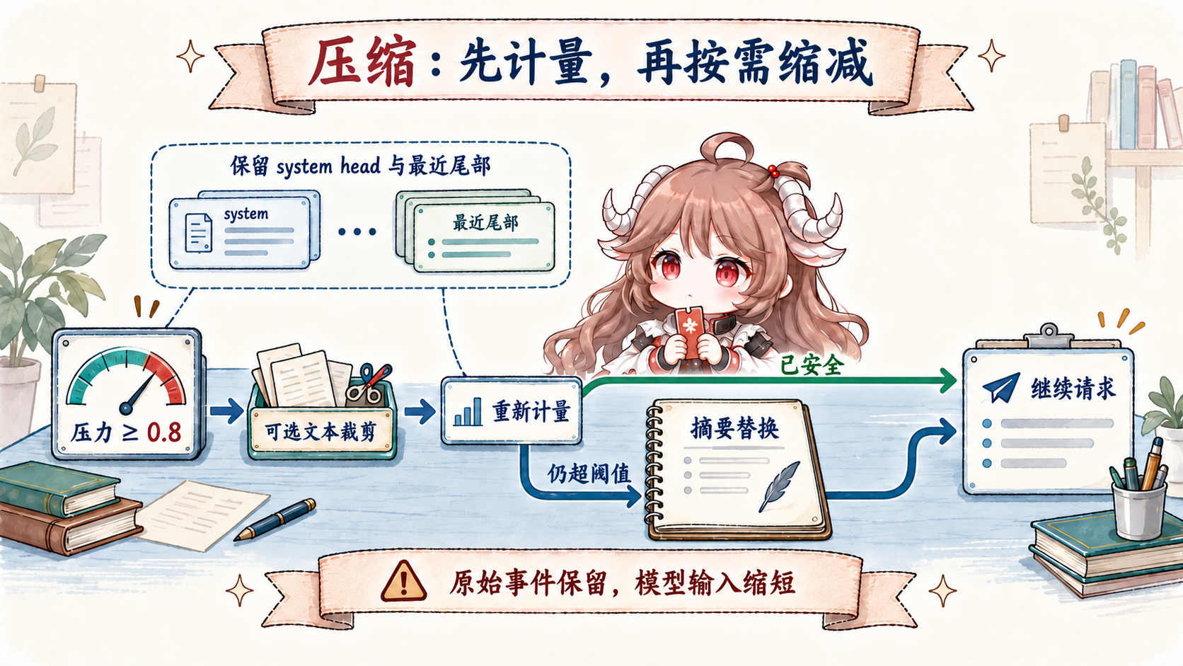 自动 pressure 压缩：压力达到阈值后运行可选文本裁剪，再计量；足够安全则直接继续，否则摘要替换旧平衡区间；system head 与最近尾部保留，原始事件不删除